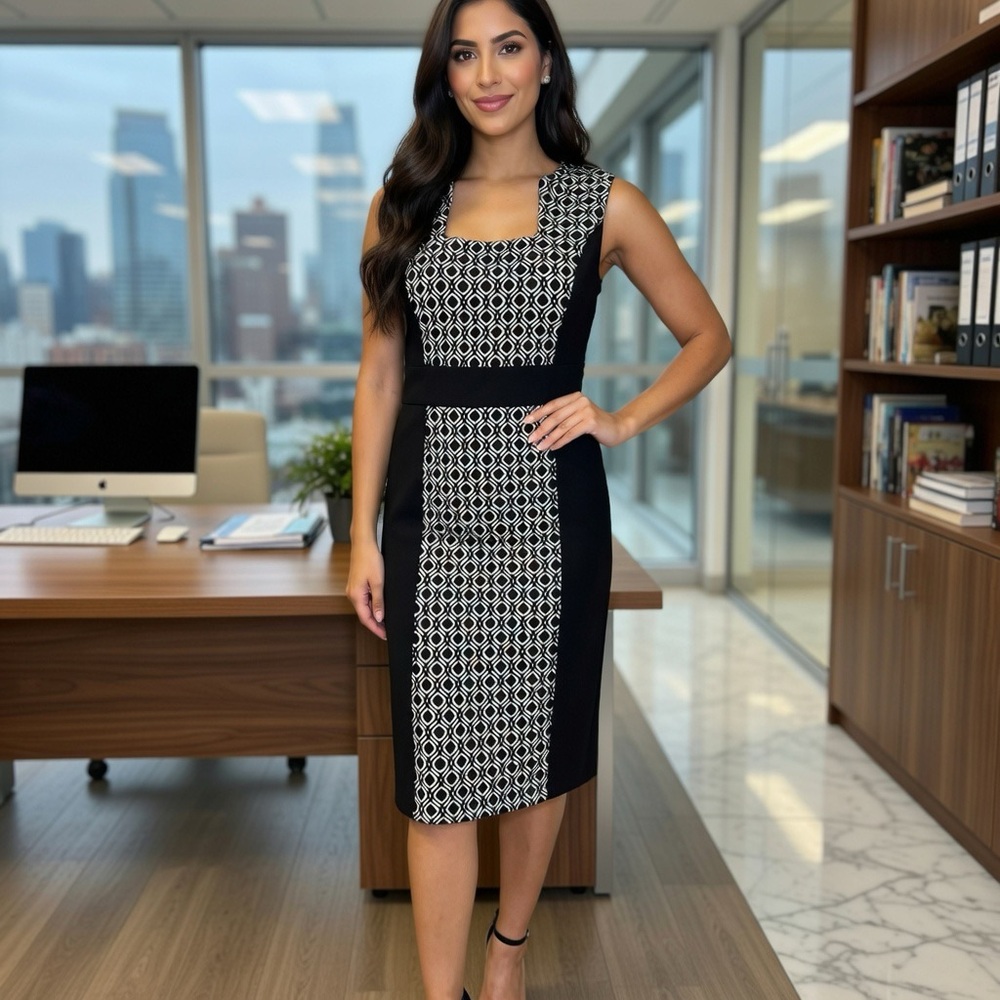 Tahari Sleeveless Black White Sheath Career Dress Abstract Pattern Flattering